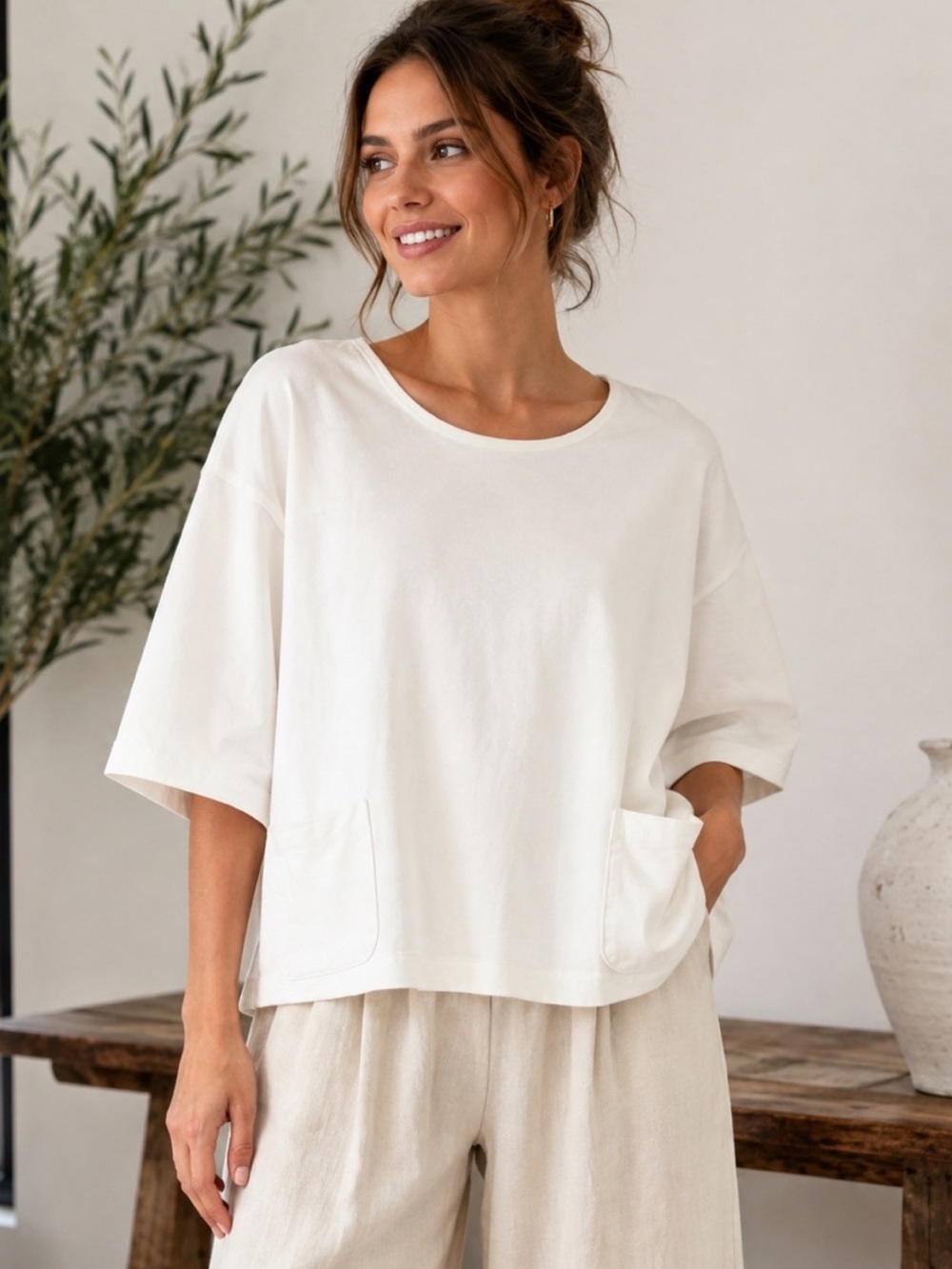 Bryn Walker Oversized Pocket Tee Top 100% Cotton XL 3/4 sleeved